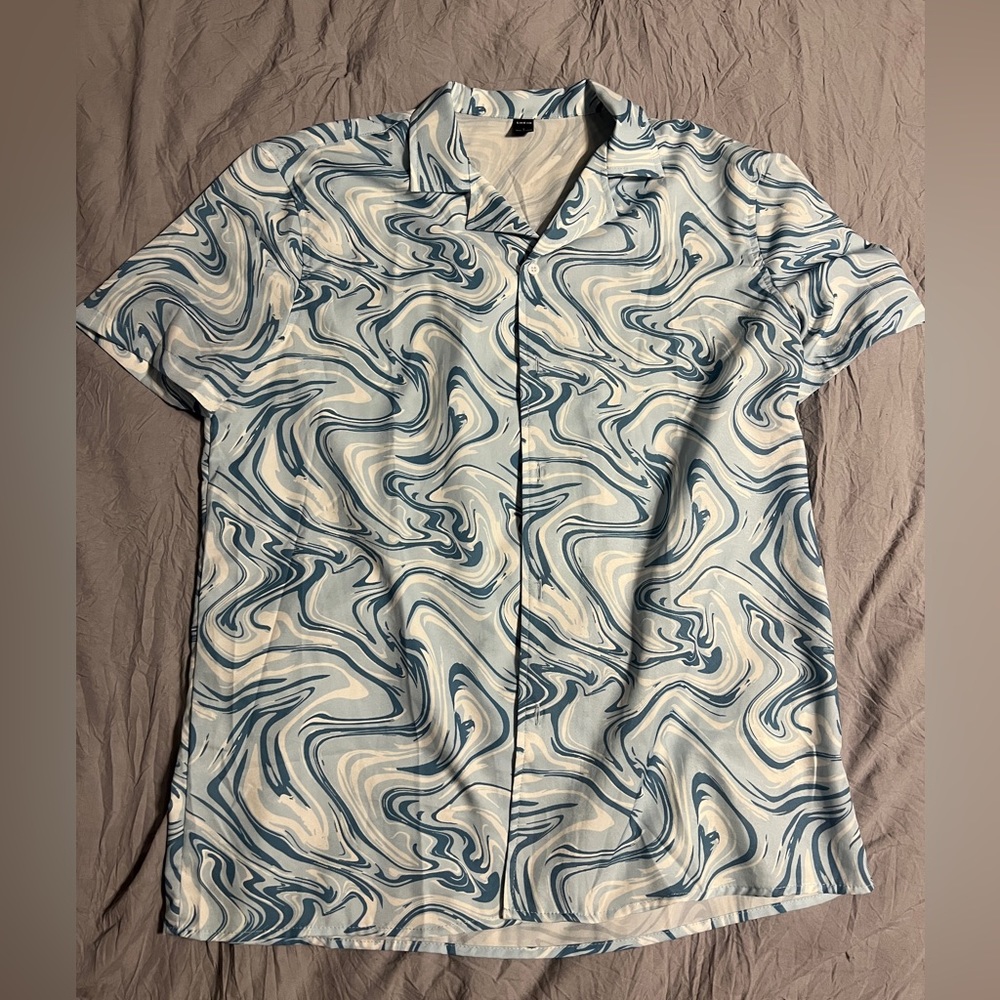 Shein Men's Short Sleeve Button Blue Swirl Trippy Shirt Size Large